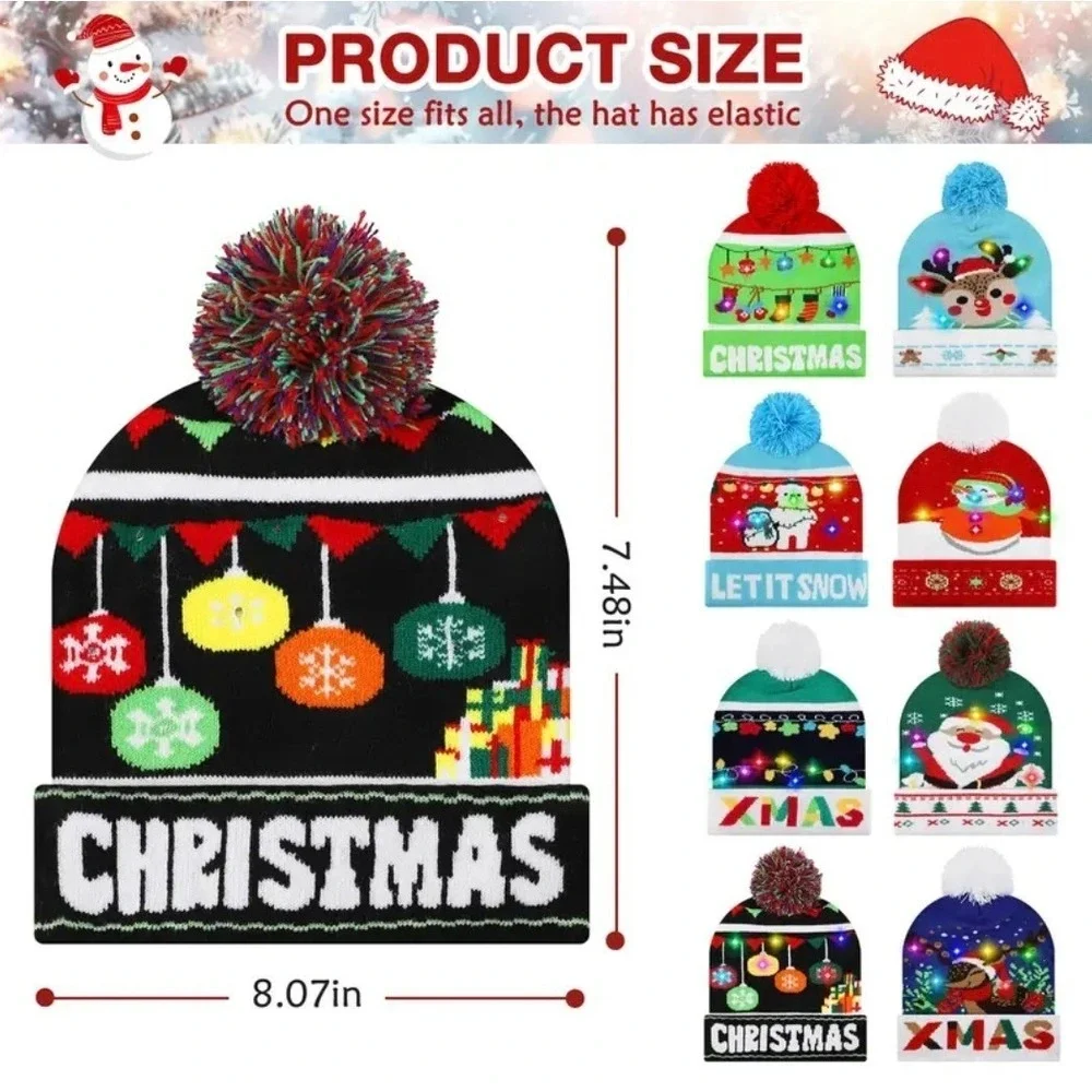 Gorro De Punto Navideño Con Luces LED Unisex 3 Modos De Iluminación Paquete De 4